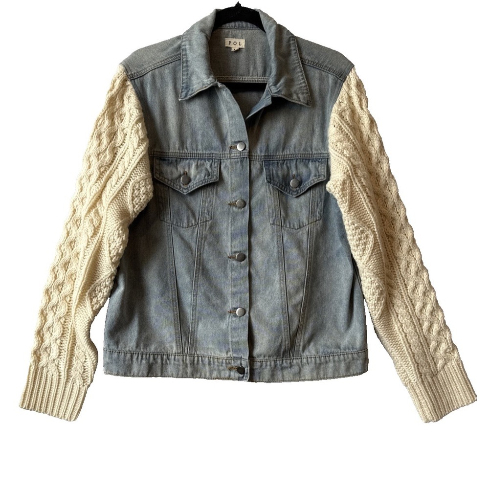 POL Denim Jacket Cable Knit‎ Sweater Sleeve Light Distressed Wash M Boho Cottage